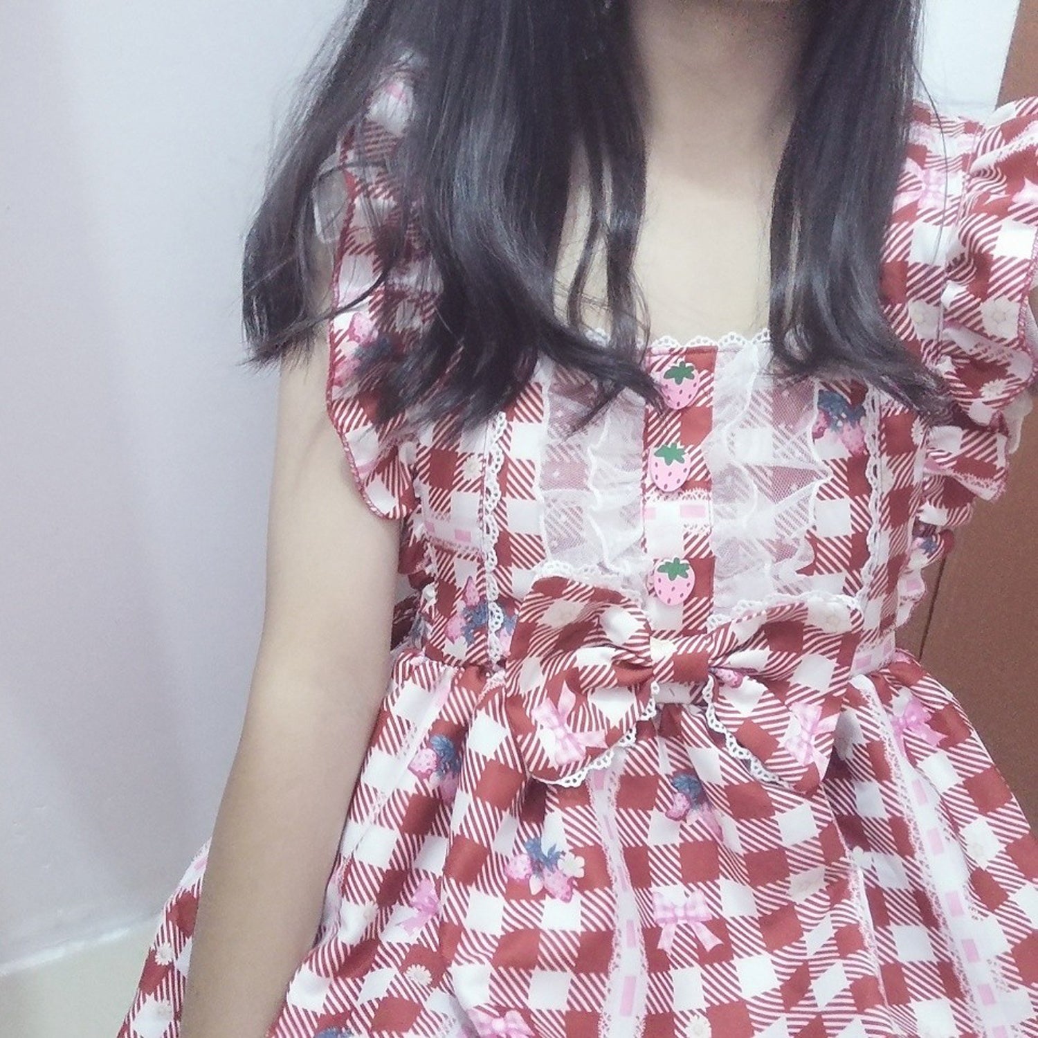 Kawaii Rabbit Strawberry Plaid Lolita JSK Dress with Gingham Print Lace Trim